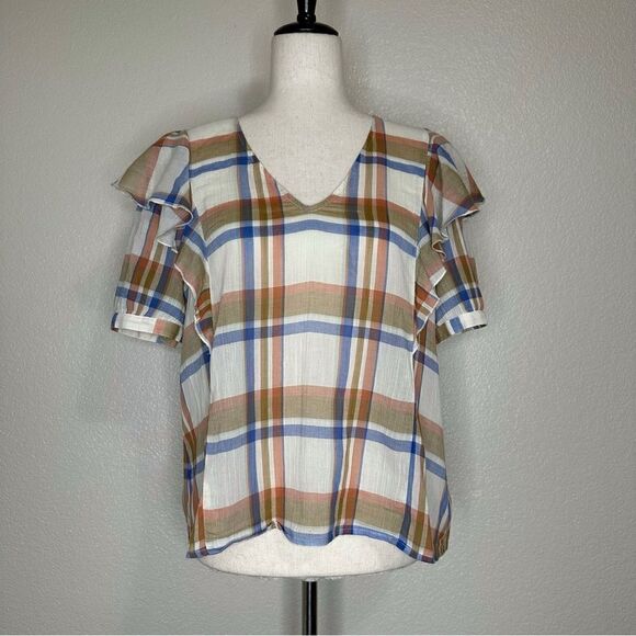 Madewell V-neck Textured Plaid Shoulder-Ruffle Top - Picture 2 of 13